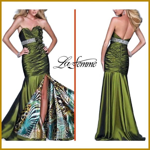 Gigi by La Femme Olive Green Strapless Floral Embellished Gown | Dress - Picture 11 of 15